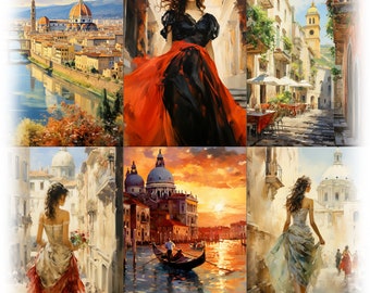 Collection Italie enchanteresse : 6 peintures numériques captivantes de paysages italiens et de femmes, téléchargement numérique, tirages d'art