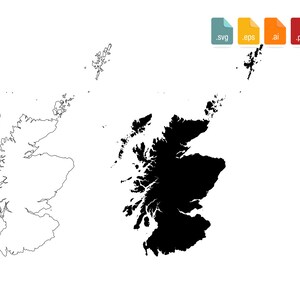 Mapa de Escocia Svg, Eps, Ai, Pdf, Png, Jpg, Dxf, Cricut, Silueta, Contorno, Línea sólida detallada en blanco y negro
