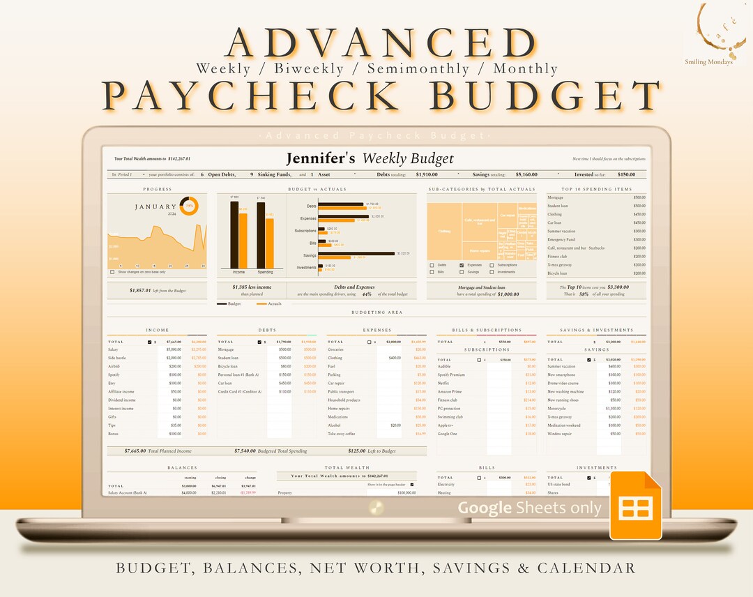 Paycheck Budget Spreadsheet, Weekly Biweekly Semimonthly Monthly Budget ...