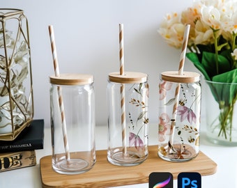 Glass Tumblers Mockup Iced Coffee Cup Bamboo Lid Photoshop mockup Procreate mockup Glass Straw Coffee Cup Realistic Tumbler Mockup