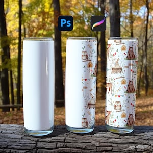 May include: Three stainless steel tumblers, one blank and two with a woodland animal print design. The design features owls, deer, bears, and mushrooms in shades of brown, red, and white on a white background.