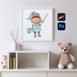 May include: A watercolour illustration of a knight in blue and silver armour holding a sword and shield. The knight is a young child with brown hair and a friendly face. The illustration is framed and displayed on a white wall.