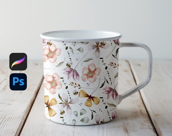 Maquete de caneca minimalista com padrão sem emenda Maquete de Photoshop Procreate Maquete de visualização completa Maquete de caneca realista Maquete de caneca em branco