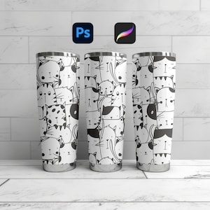 Può includere: Tre bicchieri in acciaio inossidabile con sfondo bianco e disegni di gatti in nero. I bicchieri sono tutti della stessa dimensione e forma.