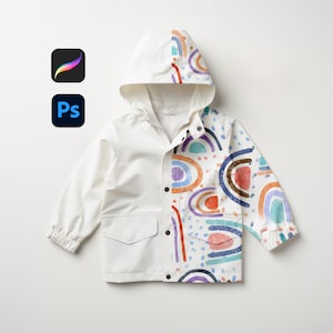 May include: White raincoat with a colorful abstract print featuring rainbow arches and dots. The raincoat has a hood and a zipper closure.