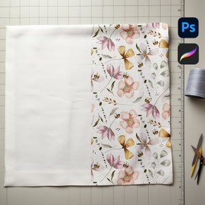 May include: A white fabric panel with a floral pattern on the right side. The floral pattern features pink, yellow, and green watercolor flowers and bees on a white background.