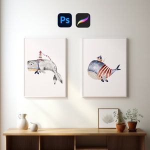 May include: Two framed watercolor paintings of whales. The first painting features a gray whale with a red and white lighthouse on its head. The second painting features a blue whale with red and white stripes and a small sailboat on its back.