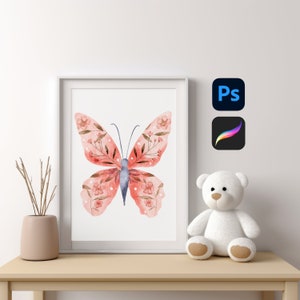 May include: A framed watercolour painting of a pink butterfly with floral details on a white background. The frame is white and the butterfly is centred in the frame.
