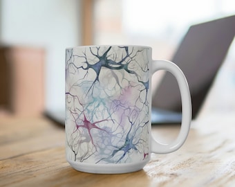 15oz Brain Networks Watercolor Mug | Perfect for Medical School Graduates, Biologists, Neuroscientists | White Ceramic