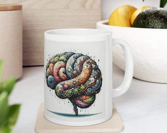 Artistic Brain Coffee Mug - Unique 11oz Ceramic Cup with Intricate Mind Design, Lead-Free, Microwave & Dishwasher Safe