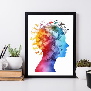 May include: A watercolor painting of a person's profile with a colorful abstract design in their hair. The design is made up of splashes of color, including red, orange, yellow, green, blue, and purple.