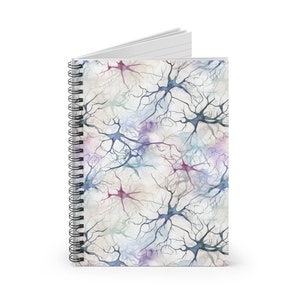 May include: A spiral bound notebook with a watercolor design of neurons in shades of blue, purple, and red on a white background.