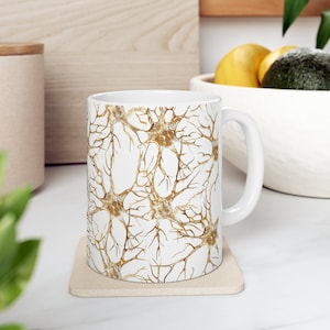 Golden Brain Network Mug - 11oz Ceramic Neuroscience-Inspired Coffee Cup - Elegant Neuron Art