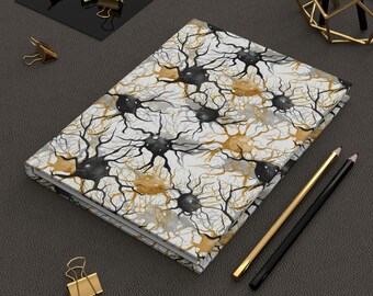 Elegante diario de tapa dura con diseño de sinapsis dorado y negro: perfecto para estudiantes, medicina, neurociencia, biólogos y más