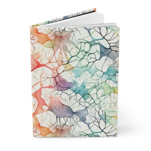 Peut inclure: Un carnet coloré avec un motif aquarelle de branches et de feuilles qui se chevauchent dans des tons de rouge, orange, jaune, vert, bleu et violet. Le fond est blanc.