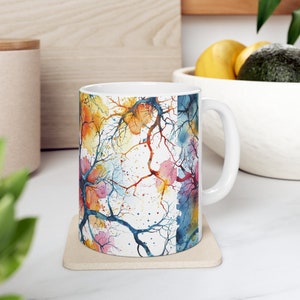 Neural Elegance - Vibrant Watercolor Neurons Ceramic Mug 11oz - Brain Art, Science Coffee Cup, Unique Neurology Gift