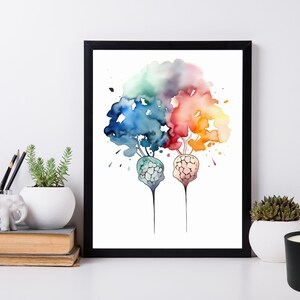 May include: A watercolor painting of two trees with colorful leaves and roots that resemble brains. The trees are painted in shades of blue, green, orange, and red.