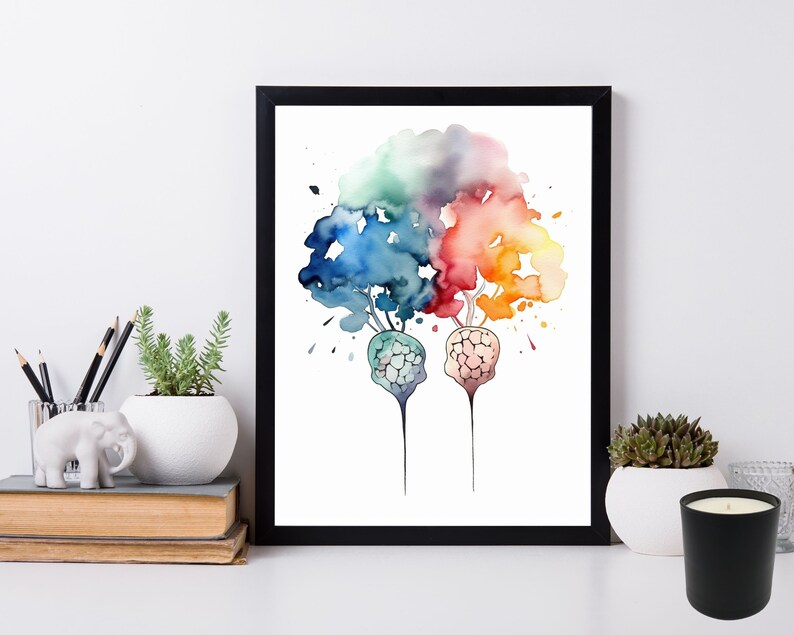 May include: A watercolor painting of two trees with colorful leaves and roots that resemble brains. The trees are painted in shades of blue, green, orange, and red.
