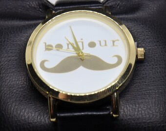Vintage "Bonjour" Fancy Mustache Gold and Black Leather Pin Buckle Watch | French Retro Quartz Timepiece