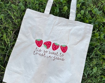 Embroidered Christian Tote Bag, Strawberry Design