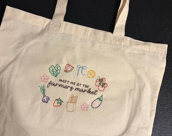 Meet me at the Farmers Market Embroidered Tote Bag, Produce, Veggies, Gifts for Her, Embroidery