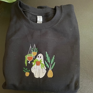 Plant loving Ghost embroidered sweatshirt, plant lover, gifts for her, gifts for him, plant gifts, Halloween embroidery