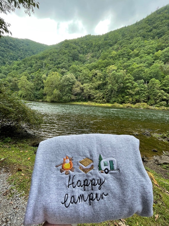 Happy Camper Embroidered Sweatshirt, Camping, Hiking, Outside, Nature, Gifts for Her, Gifts for Him, Camping, Camper, Tent, Sweatshirt