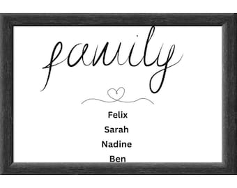 affiche personnalisée, photo de famille avec nom, membres de la famille, amour, vie - différentes tailles, toile personnalisée