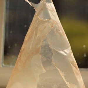 Può includere: Un sacchetto di carta translucido, bianco e marrone con una texture stropicciata. Il sacchetto è piegato in forma triangolare e sembra essere fatto di un materiale sottile e delicato.