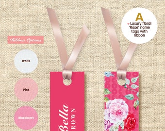 Naamplaatskaartjes (Rose) - Luxe naamplaatjes met lint. Keuze uit 8 ontwerpen en 4 linten.
