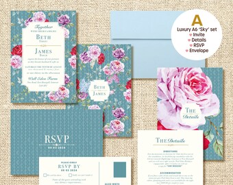 Uitnodigingssets van 4 stuks (Sky) - Keuze uit 9 luxe briefpapiersets voor vóór de bruiloft met enveloppen.