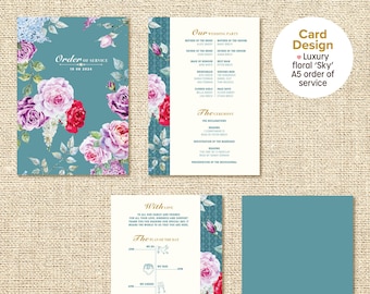 Ordre de service (Ciel) - Carte florale de luxe pliée de 4 pages pour vos invités lors de la cérémonie de mariage. Un souvenir parfait pour vos proches.