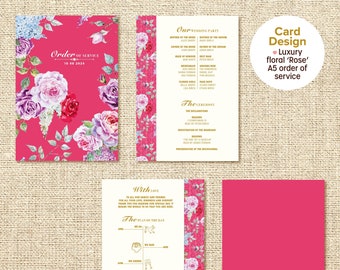 Ordre de service (Rose) - Carte florale de luxe pliée de 4 pages pour vos invités lors de la cérémonie de mariage. Un souvenir parfait pour vos proches.