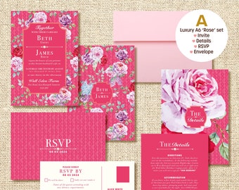 Uitnodigingssets van 4 stuks (Rose) - Keuze uit 8 luxe briefpapiersets voor vóór de bruiloft met enveloppen.