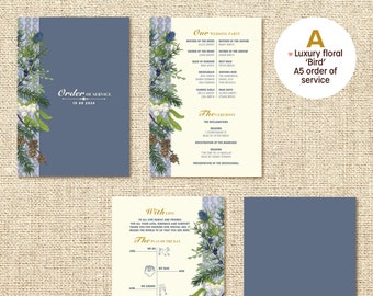 Order of Service (Vogel) - Luxe gevouwen bloemenkaart van 4 pagina's voor uw gasten tijdens de huwelijksceremonie. 3 kleurmanieren om uit te kiezen.