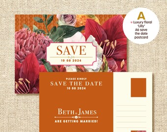 Save the date ansichtkaarten (Lily) - De achterkant is ongecoat, zodat u de namen en adressen van uw gasten kunt schrijven. 6 ontwerpen om uit te kiezen.