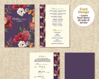 Order of Service (Berry) - Luxe gevouwen bloemenkaart van 4 pagina's voor uw gasten tijdens de huwelijksceremonie. Een perfect aandenken voor uw dierbaren.