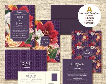 Uitnodigingssets van 4 stuks (Berry) - Keuze uit 6 luxe briefpapiersets voor vóór de bruiloft met enveloppen.