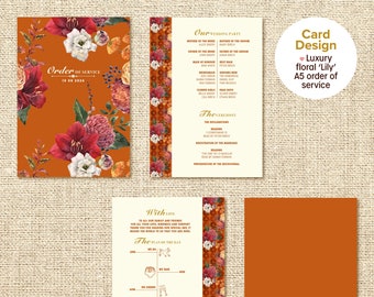 Ordre de service (lys) - Carte florale de luxe pliée de 4 pages pour vos invités lors de la cérémonie de mariage. Un souvenir parfait pour vos proches.