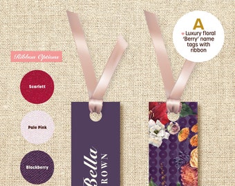 Naamplaatskaartjes (Berry) - Luxe naamplaatskaartjes met lint. Keuze uit 10 ontwerpen en 4 linten.
