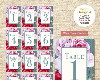 Tischnummern (Sky) - Luxuriöse florale A5 Tischnummern Sets. Bestellen Sie 8er oder 12er Sets mit einer Auswahl von 4 Vorder- und 3 Rückseitendesigns.