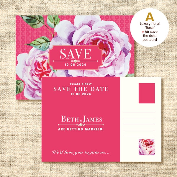 Save the date postcards (Rose) - The back will be uncoated, so you can personally handwrite your guests names and addresses.