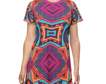Mexican T-Shirt Dress, Aztec Print T-Shirt Dress, Summer Festival Outfit, Gift for Her, Colorful Everyday Dress, Vestidos Mexicanos, Jalisco