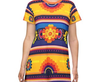Mexican T-Shirt Dress, Aztec Print T-Shirt Dress, Summer Festival Outfit, Colorful Everyday Dress, Vestidos Mexicanos, Cultural Vibes