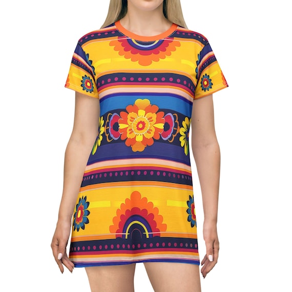 Mexican T-Shirt Dress, Aztec Print T-Shirt Dress, Summer Festival Outfit, Colorful Everyday Dress, Vestidos Mexicanos, Cultural Vibes