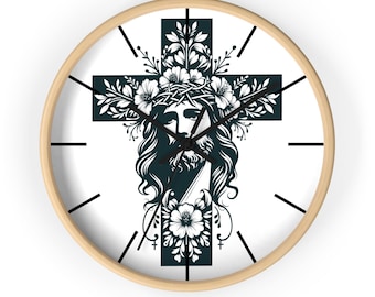 Vintage Jesus Floral Wall Clock, Christian Decor, Religious Home Decor, Faith Inspired Gift, Jesus Cross Clock, Catholic, Christian Gifts