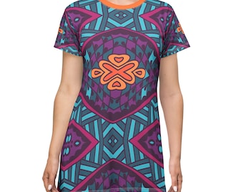 Mexican T-Shirt Dress, Aztec Print T-Shirt Dress, Blusa Mexicana, Colorful Everyday Dress, Vestidos Mexicanos, Jalisco, Vintage Mexican