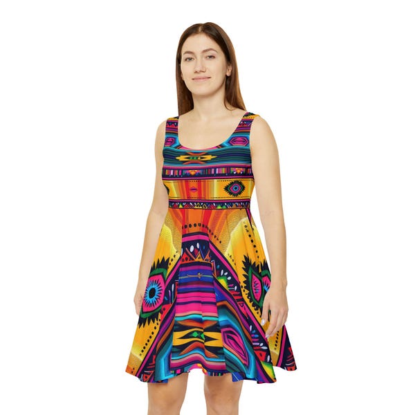 Mexican Dress, Aztec Print T-Shirt Dress, Summer Festival Outfit, Colorful Everyday Dress, Vestidos Mexicanos, Vintage Mexican Dress