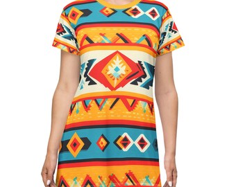 Mexican T-Shirt Dress, Aztec Print T-Shirt Dress, Summer Festival Outfit, Colorful Everyday Dress, Vestidos Mexicanos, Vintage Mexican Dress
