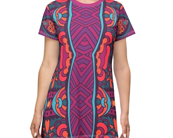 Mexican T-Shirt Dress, Aztec Print T-Shirt Dress, Summer Festival Outfit, Gift for Her, Colorful Everyday Dress, Vestidos Mexicanos, Jalisco
